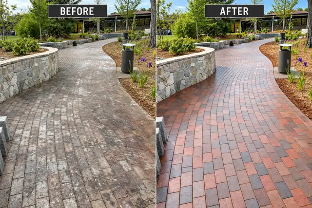 Paver walkway and stone wall before and after cleaning