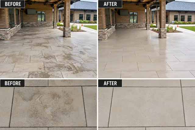 Covered porch stone before and after cleaning