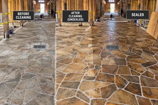 Flagstone before cleaning, after cleaning and after sealing