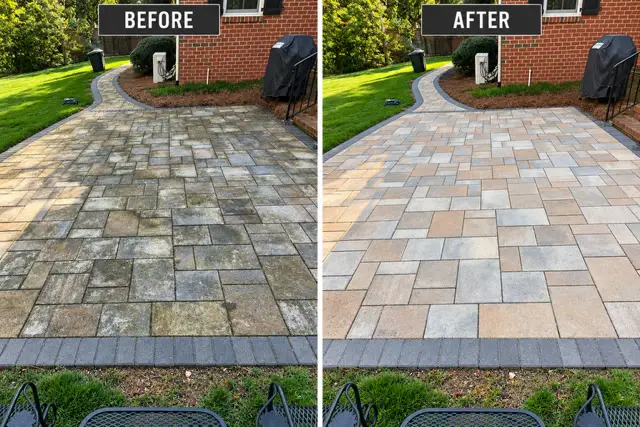 Paver patio before and after cleaning and re-sanding