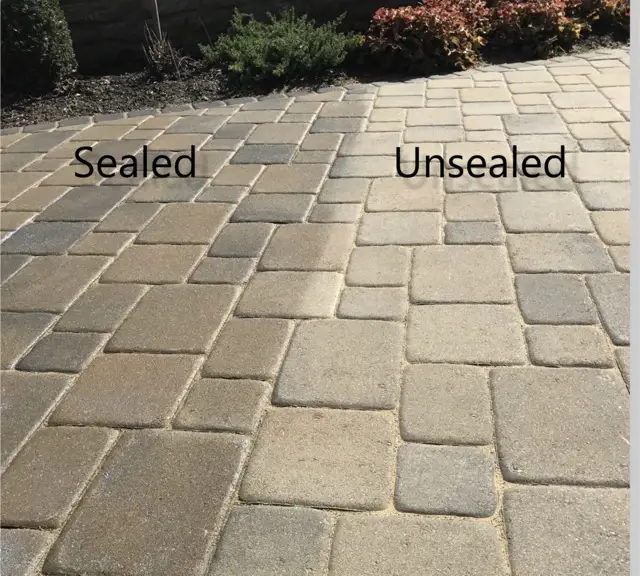 Pavers side by side, sealed on the left and unsealed on the right
