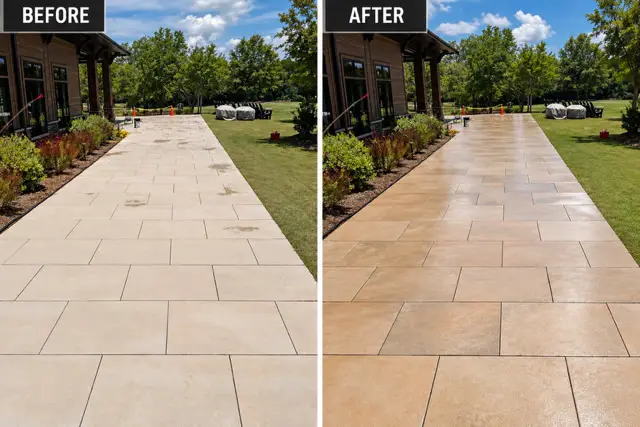 Stone walkway before and after restoration