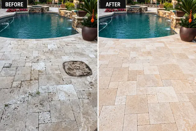 Travertine pool deck before and after restoration