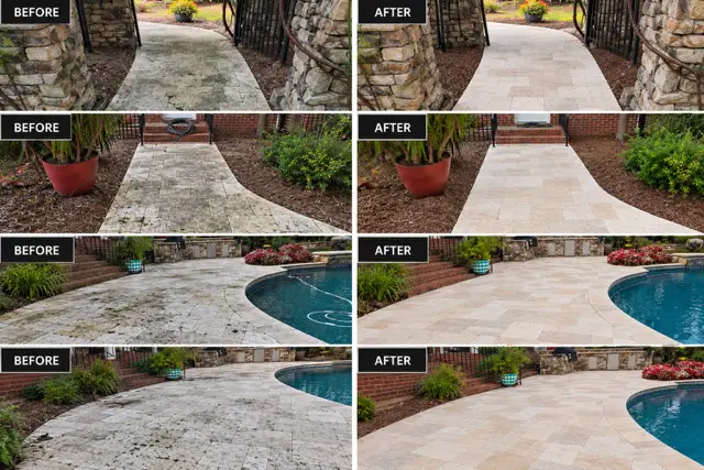 Travertine walkways and pool deck before and after restoration